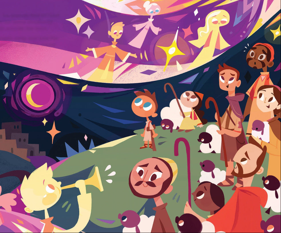 A colorful illustrated scene with stylized human and animal characters in a dreamy, surreal composition. The artwork features a large purple and pink wave-like form, stars, a crescent moon, and many figures in pink, yellow, green, and brown tones.