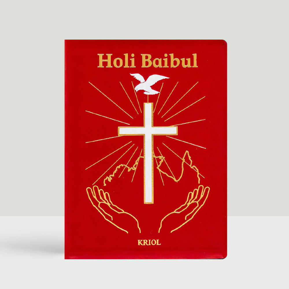 Holi Baibul (Kriol language Bible) with elegant red imitation leather cover, perfect for Kriol speakers and Australian Indigenous peoples in Northern Australia. 