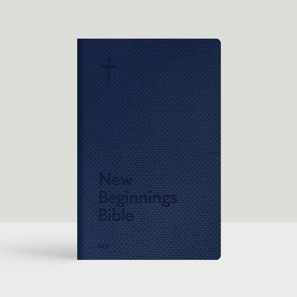 New Beginnings Bible in NLT translation with elegant Navy textured faux leather cover, designed for new believers and ministry outreach.